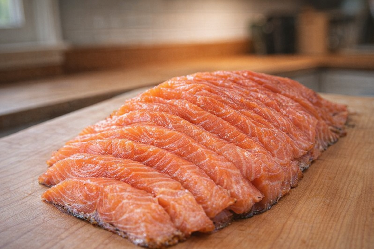 A close-up shot of sliced smoked salmon on a wooden board, showcasing its vibrant color and delicate texture, soft natural light, 45-degree angle
